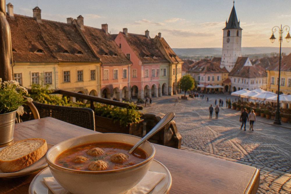 A bowl of sour meatball soup with a spoon and slice of fresh bread on a restaurant table