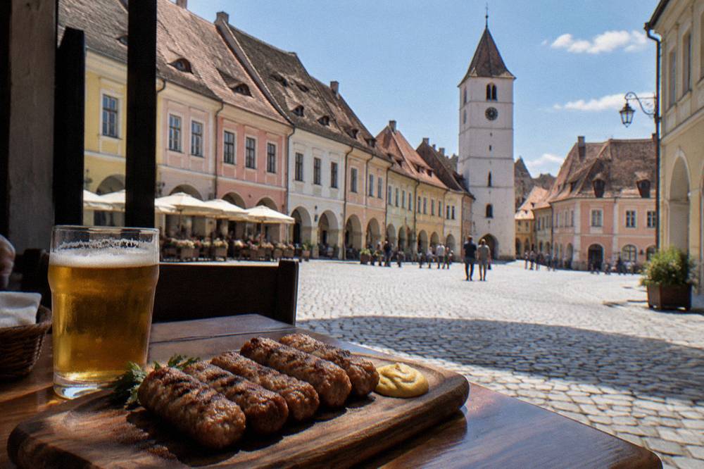 Grilled minced meat rolls with mustard on a wooden board beside a glass of beer