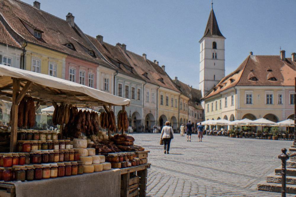 A market stall piled with jars of vegetable spread, wheels of cheese and smoked meats