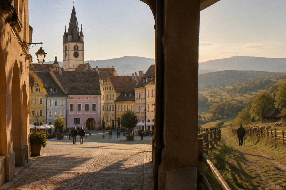 A shepherd village road in the hills south of Sibiu with wooden fences and grazing land