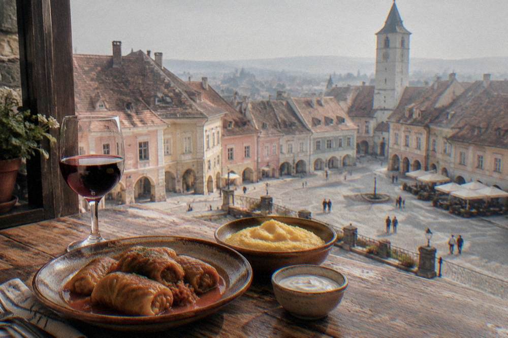 A bowl of soup and a plate of grilled rolls sit on a plain wooden table.