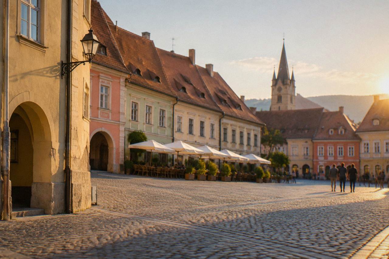 Colourful historic houses with steep roofs lining a cobbled square in Sibiu at golden hour