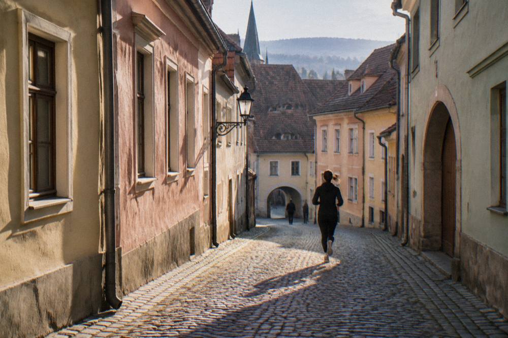 A narrow cobblestone lane between pastel-coloured burgher houses in the Sibiu old town