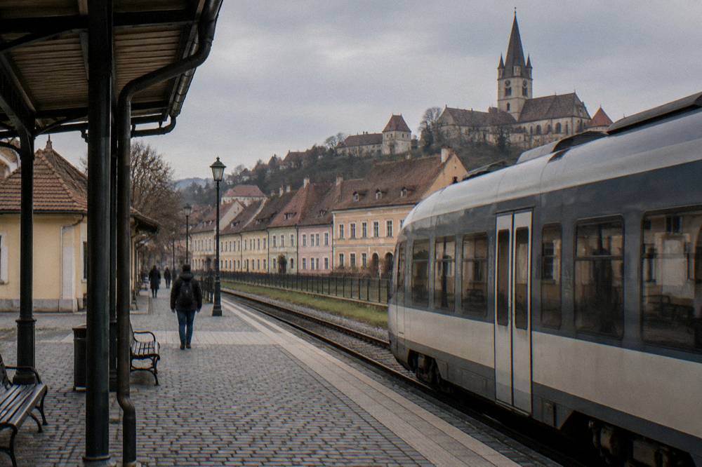 A regional train at a small Romanian railway station platform in morning light