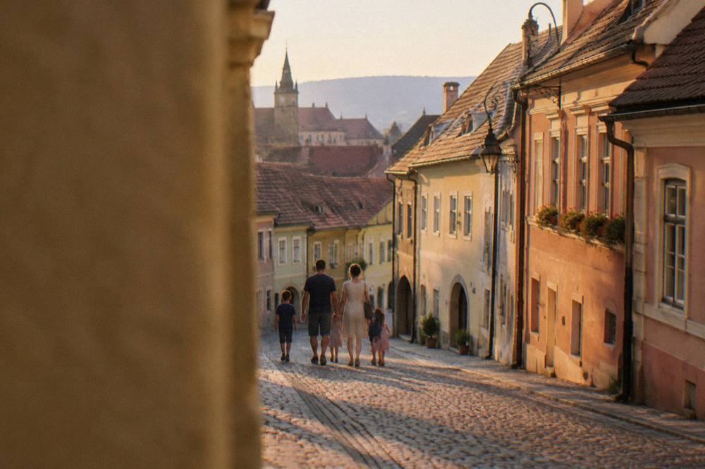 A family walking a cobbled street between colourful houses in the Sibiu lower town
