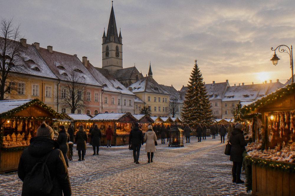 A Christmas market with wooden stalls and lights filling a historic square in the evening