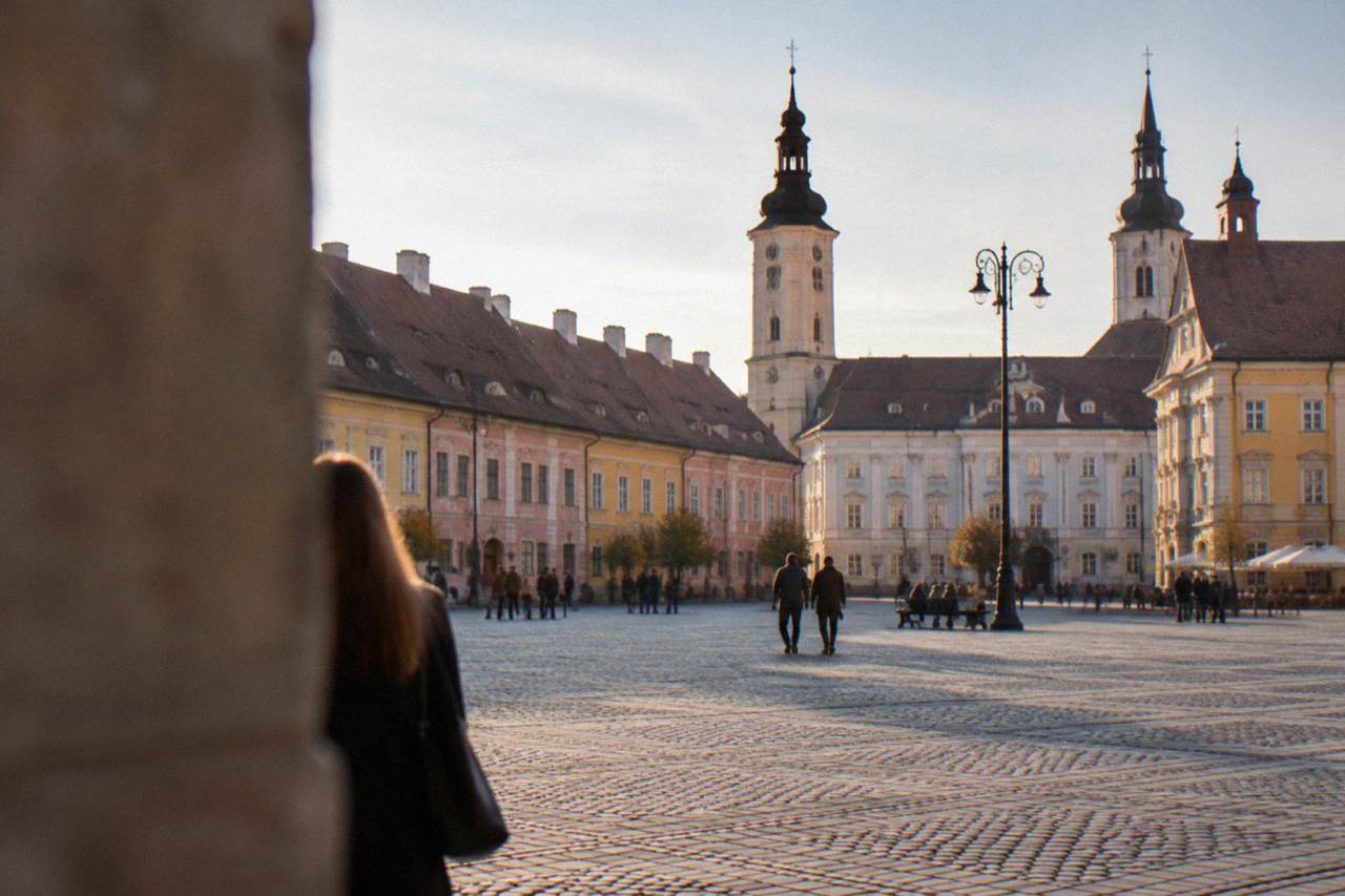 Colourful historic houses and church spires above the main square of a Transylvanian old town