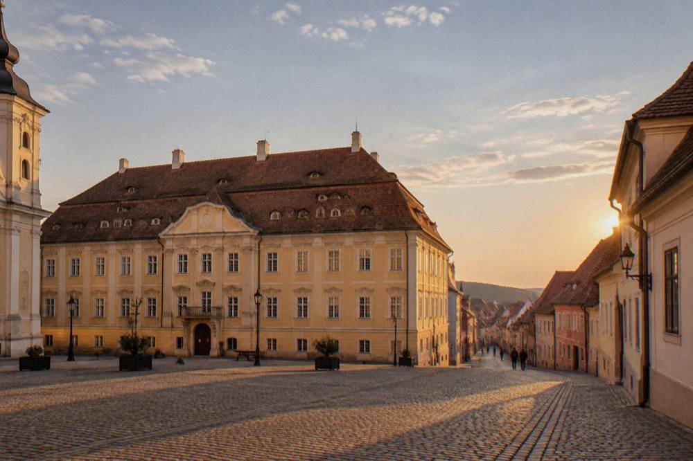 A narrow cobbled street of old houses with steep roofs in the evening