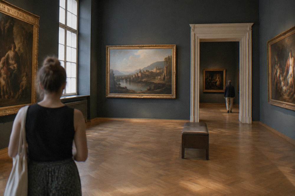 Gallery hall inside the Brukenthal Palace with framed European paintings on dark walls
