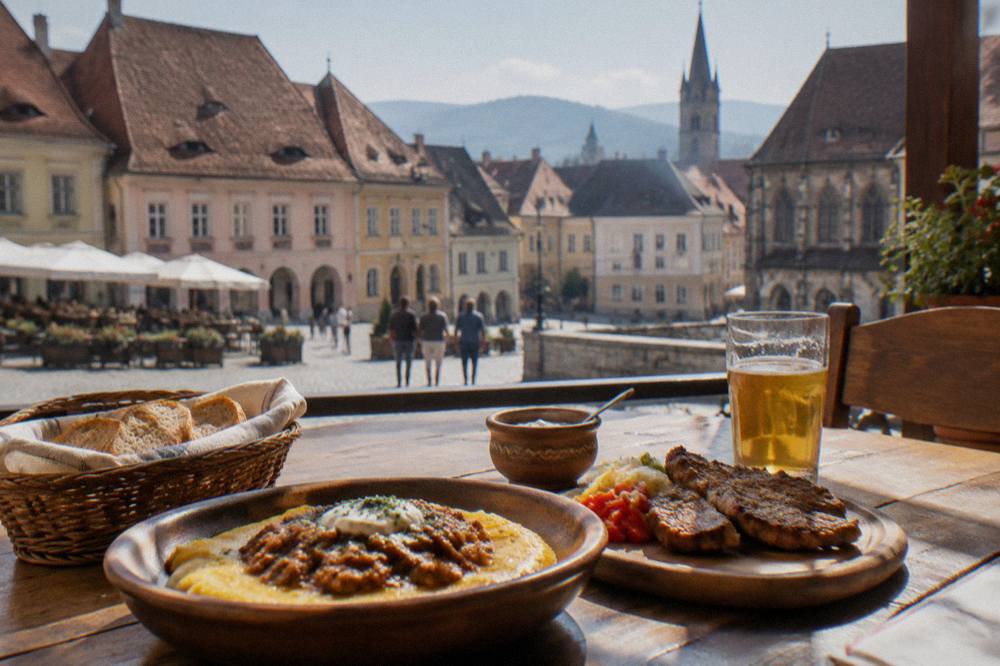 Traditional Romanian dishes served on a rustic wooden table in a Sibiu restaurant