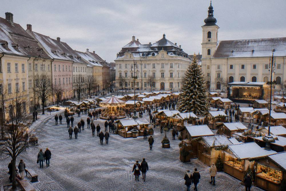 Christmas market stalls and lights filling the Great Square of Sibiu in the evening