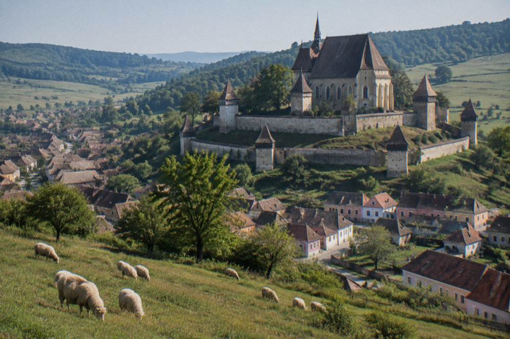 Sheep grazing on a hillside pasture near a Romanian village in the Mărginimea Sibiului