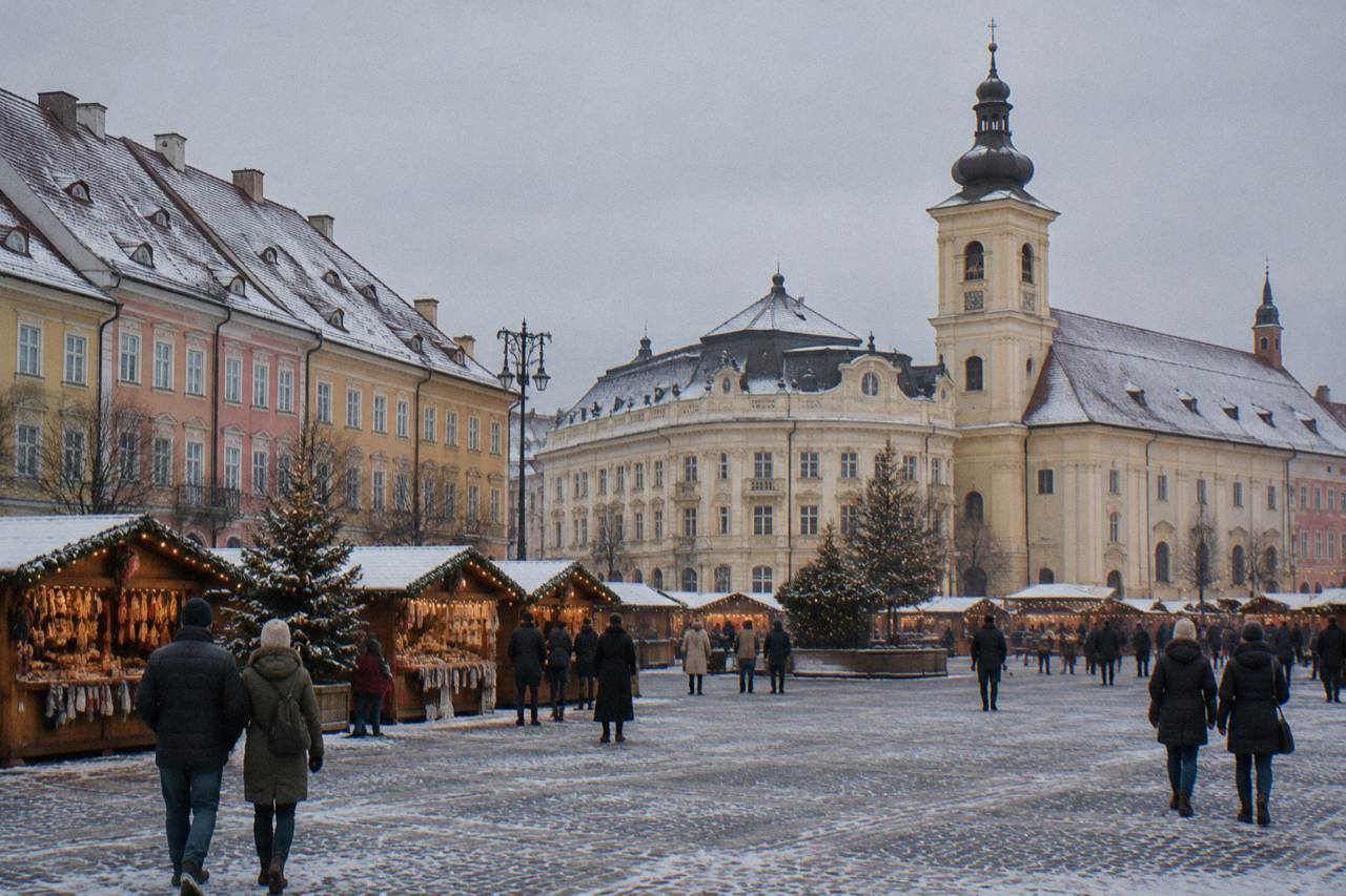 Sibiu's Christmas market in Piața Mare with wooden stalls and lights