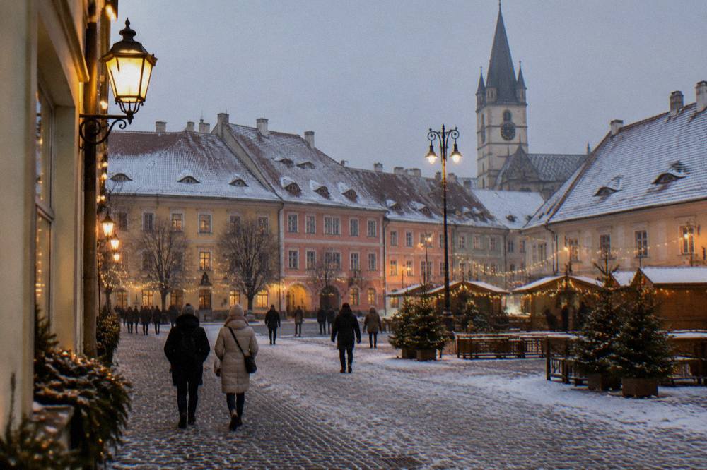 Festively lit street in Sibiu's old town at dusk