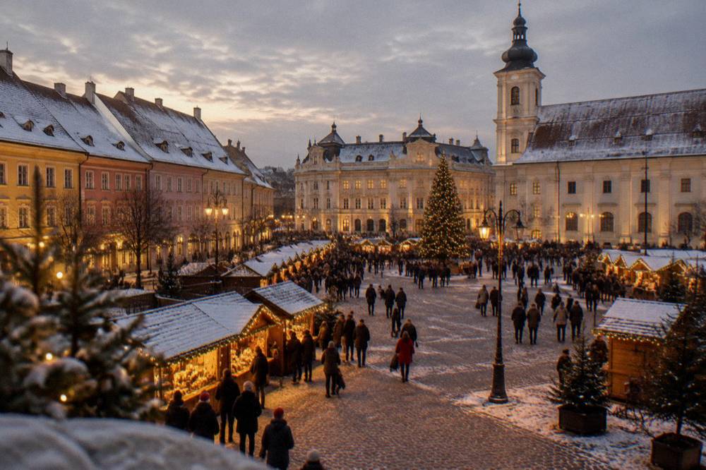 Crowds at a Romanian Christmas market in the evening