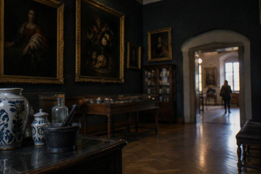 Grand gallery interior with oil paintings in gilded frames on dark walls