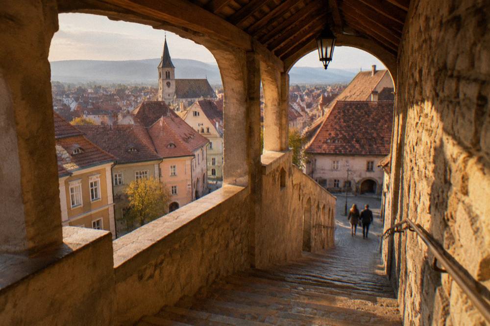 Covered stone staircase passage between old walls in Sibiu leading downhill