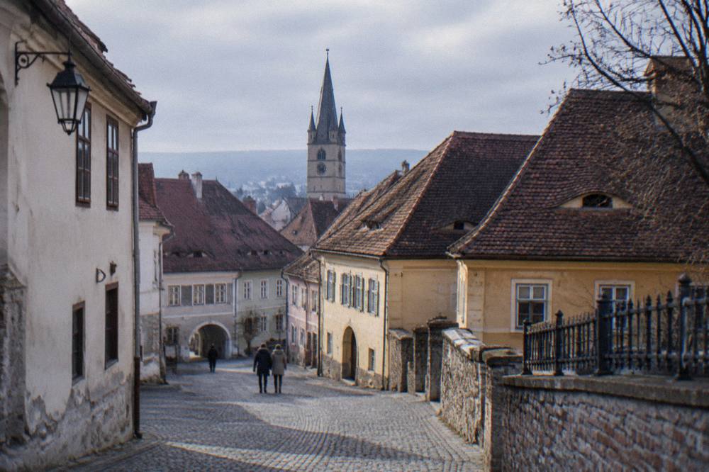 Village street with traditional houses under grey sky in the Sibiu countryside