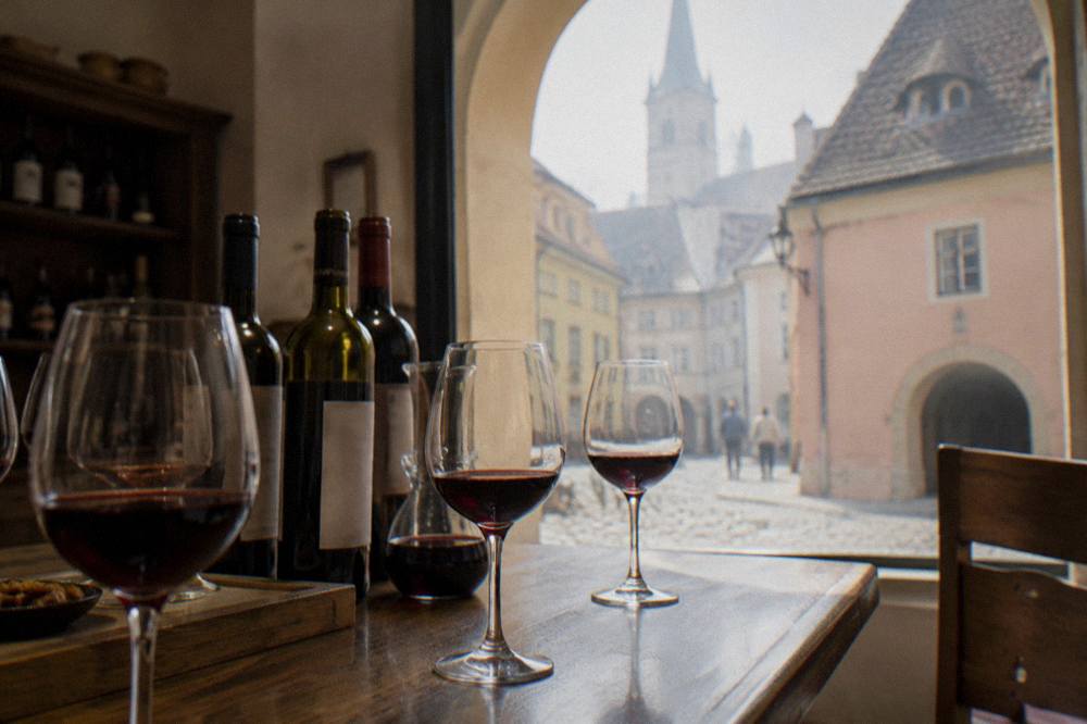 Indoor wine tasting table with glasses of red wine and bottles on a wooden surface