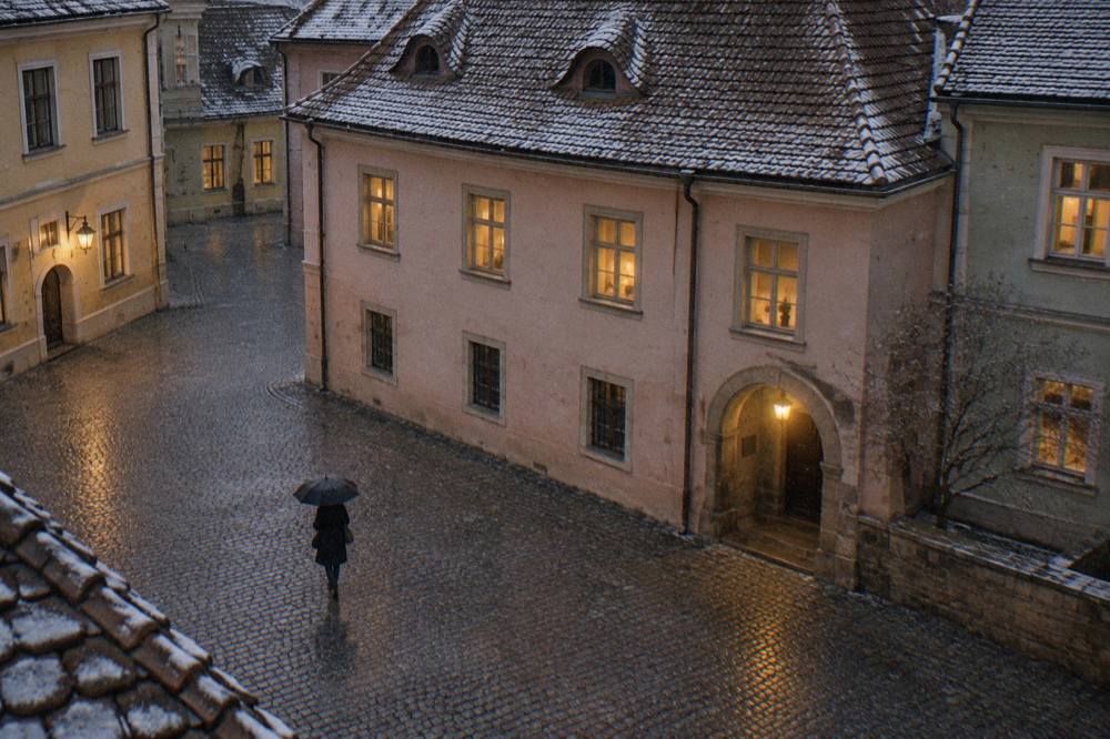 Person with umbrella crossing an empty historic square at dusk with lit windows