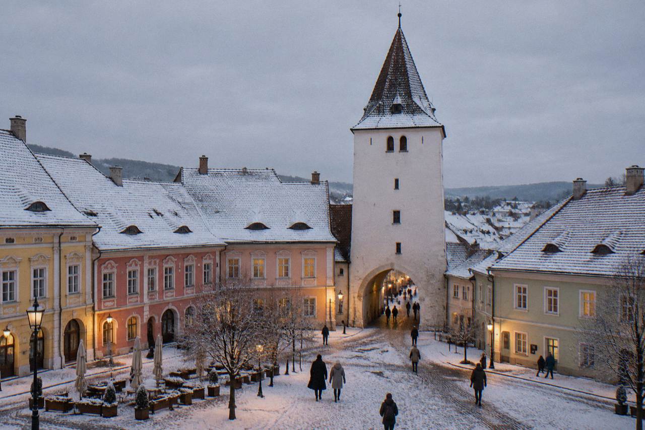 Sibiu's Piața Mare covered in snow with colourful baroque facades and the Council Tower
