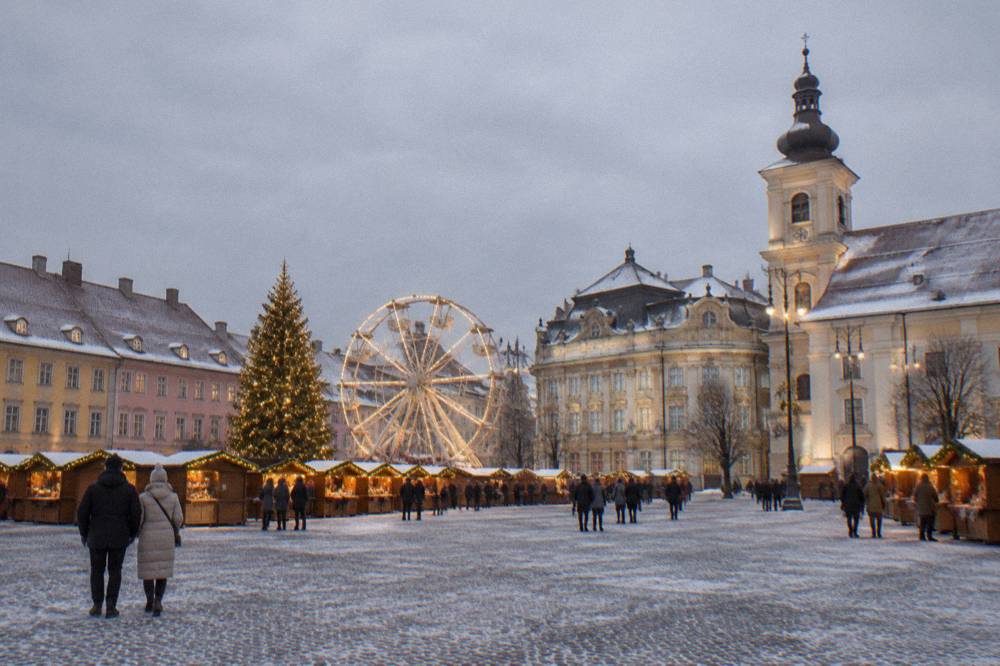 Christmas market stalls and a lit ferris wheel in Sibiu's Piața Mare after dark