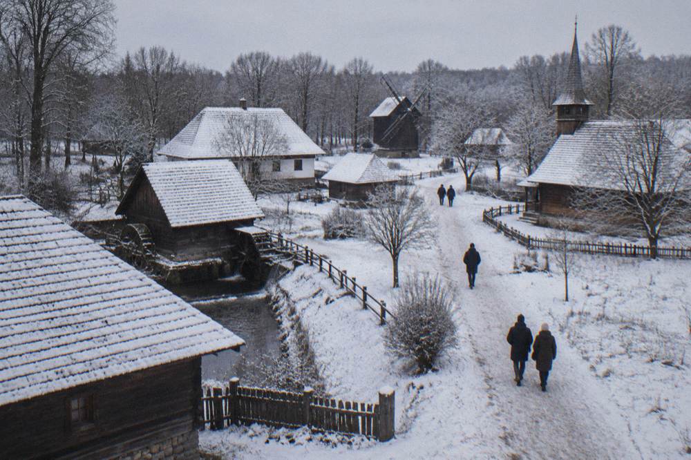 Snow-covered wooden farmhouses and church in the ASTRA open-air museum in Dumbrava forest