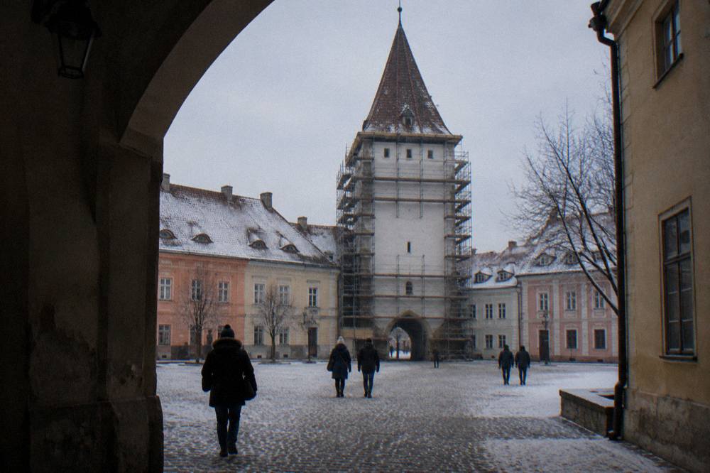 The Council Tower in Sibiu wrapped in scaffolding during its restoration, seen from a snowy square