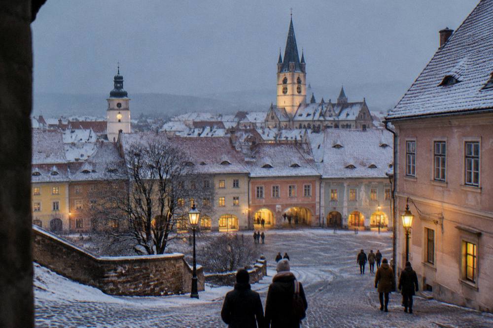 Night view over snowy Sibiu rooftops with lit windows and the illuminated towers of the old town