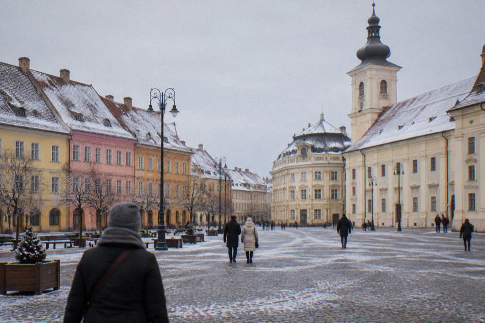 Pale winter light settles over Piața Mare, rooftops and pastel facades quiet under a white sky.