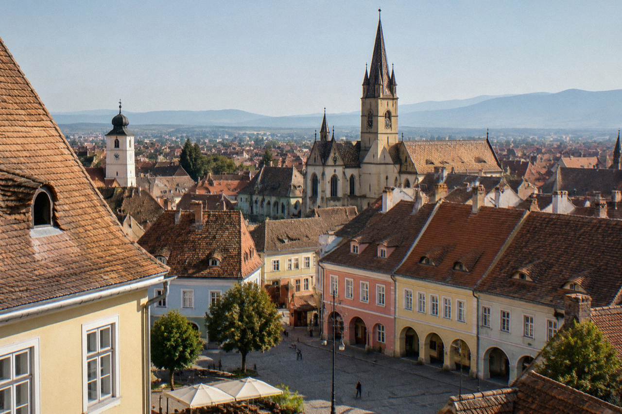 Colourful baroque houses and church spires of the Sibiu old town seen from above