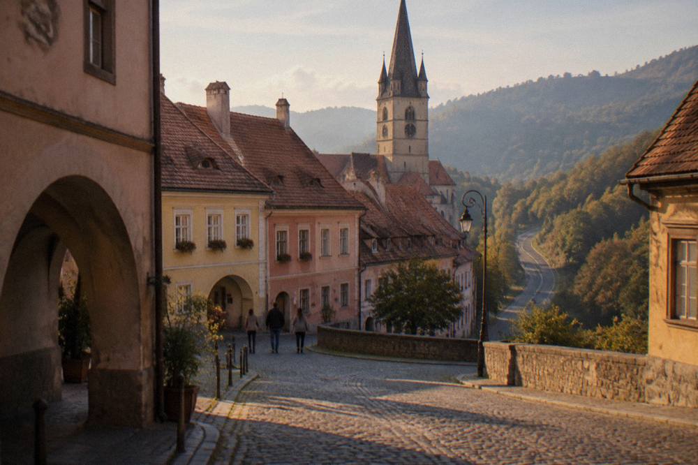 A winding road through forested Carpathian foothills on the route from Sibiu toward Brașov