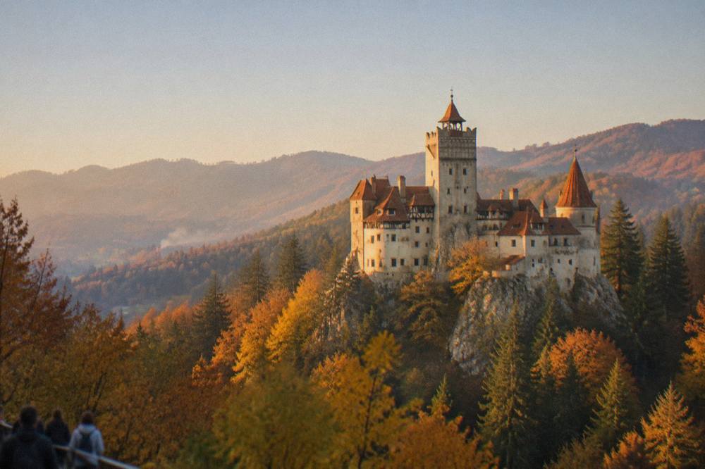 Bran Castle in autumn with orange forest around the cliff and morning light on the towers