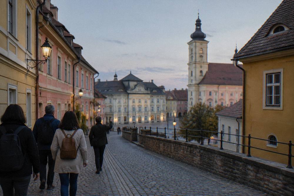 Visitors walking with a guide along a narrow cobbled lane in Sibiu's Upper Town