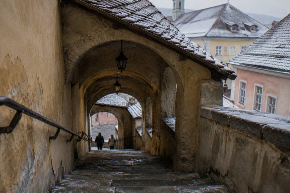 The Stairs Passage covered stairway descending between the Upper and Lower Town of Sibiu