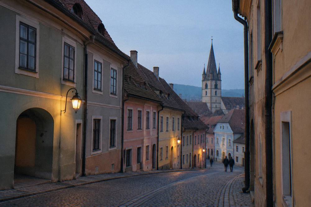 A narrow cobbled lane in Sibiu curving between tall coloured house facades
