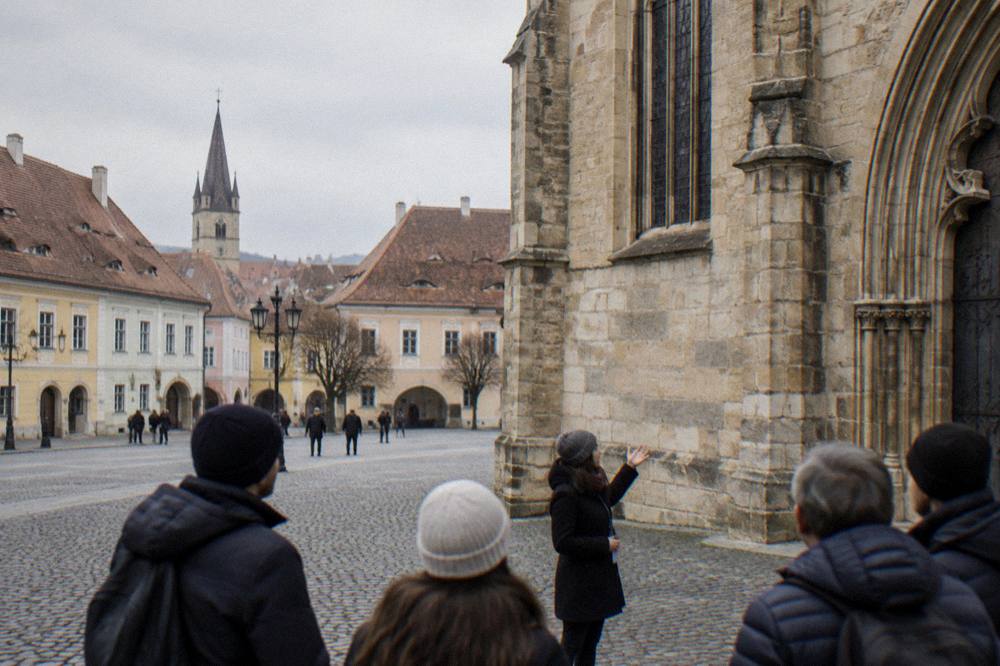 A guide speaking to a small group of visitors beside an old church facade in Sibiu