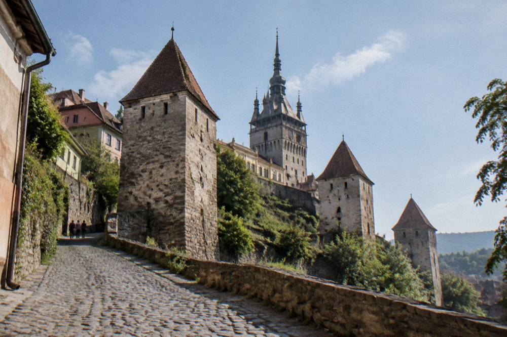 Medieval stone towers along the fortified wall of the Sighișoara citadel